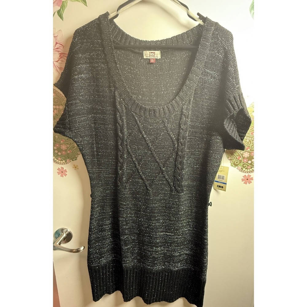 LEI Black Metallic Knit Sweater Dress Size XLâ Short Sleeve Cable Knit